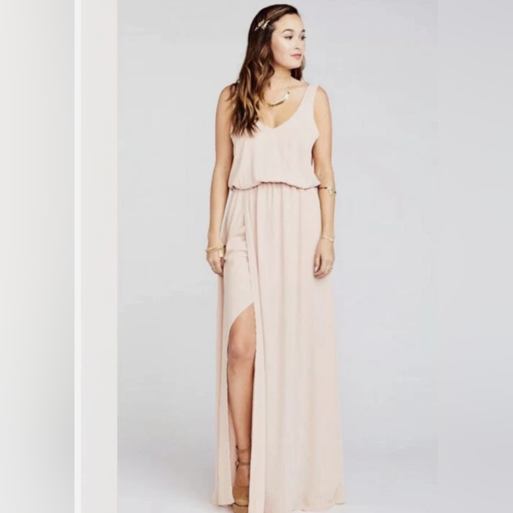 Show Me Your Mumu Kendal Maxi Dress V-Neck Slit Blouson Dusty Blush Pink. Size L